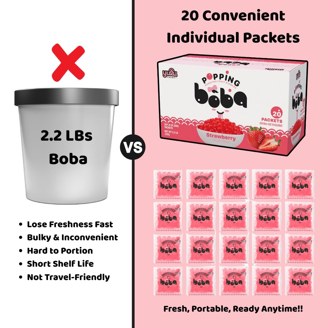 YULU FOODS strawberry popping boba pearls added to tea for a fruity pop.