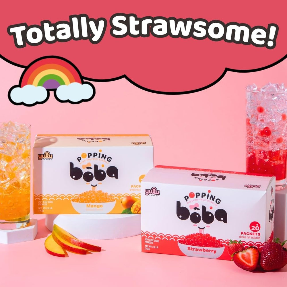 YULU FOODS strawberry popping boba pearls suitable for kid-friendly snacks.
