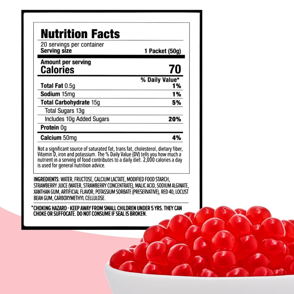 YULU FOODS strawberry popping boba pearls in opened cups for quick serving.