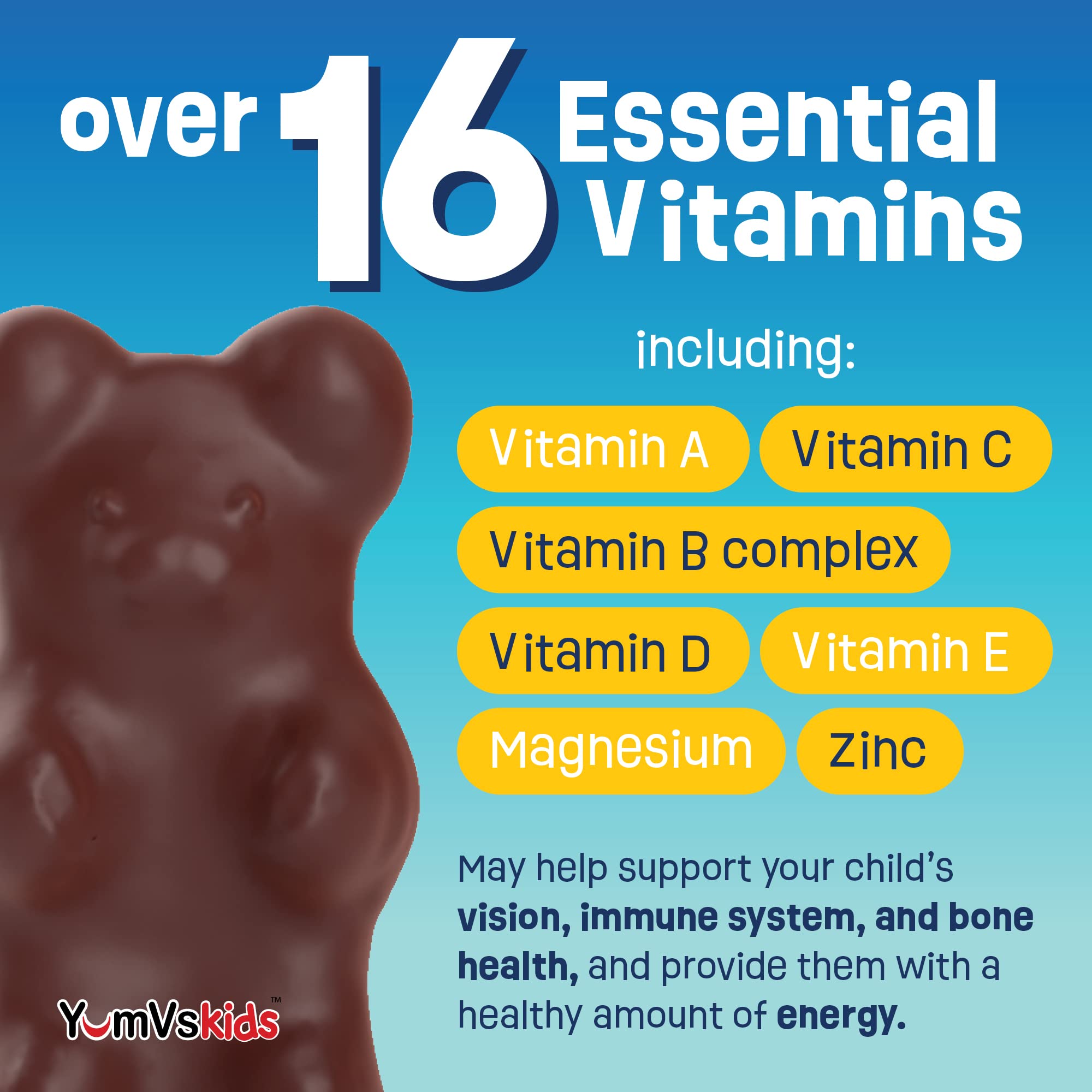 Side view of YUM-V'S bottle for kids multivitamin chocolate bears.