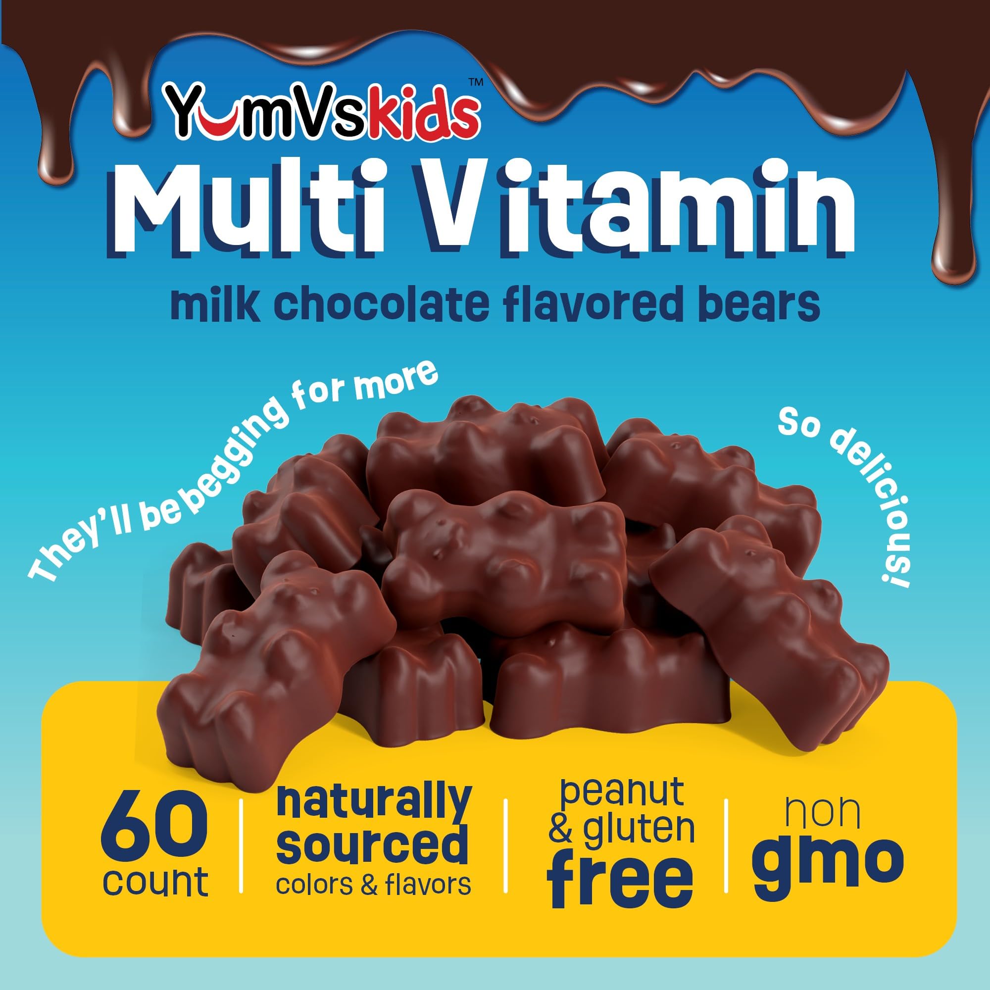 Close-up of YUM-V'S Chocolate Bears chewable bears melting in the mouth.