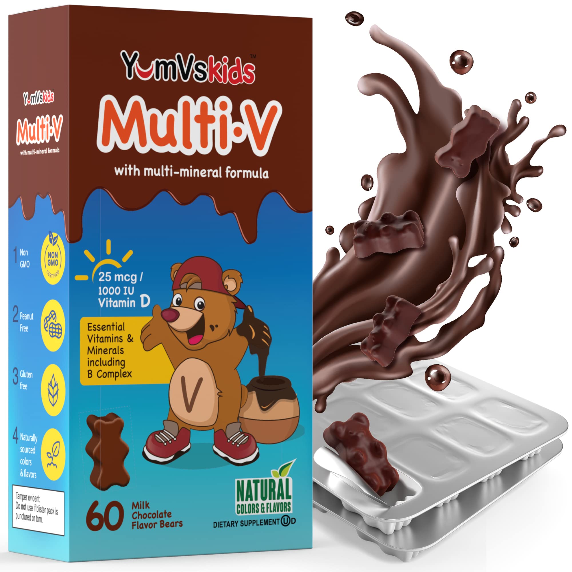 YUM-V'S Kids Multivitamin Chocolate Bears packaging front shows product title and kid-friendly design.