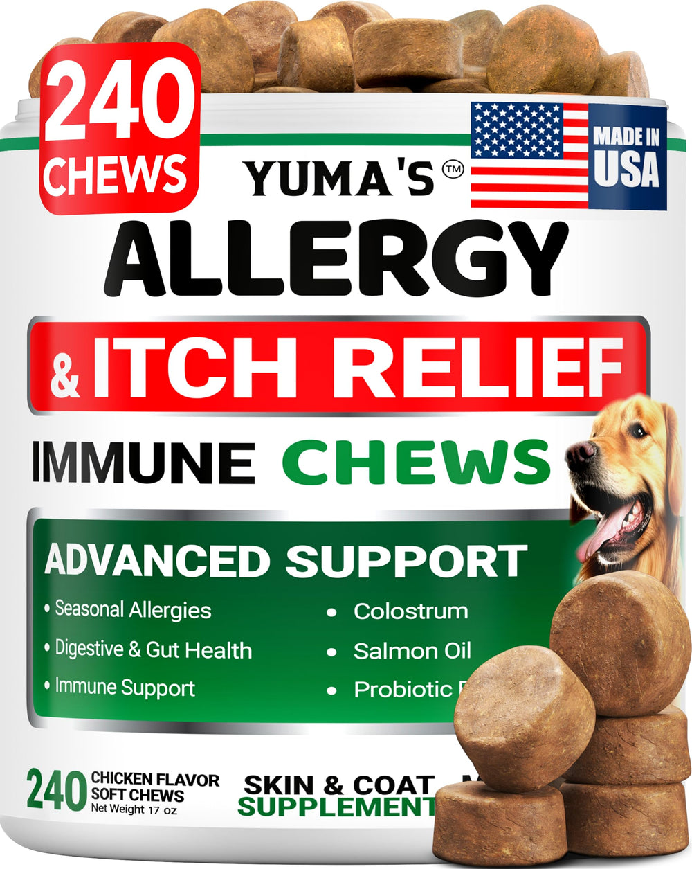 YUMA'S Dog Allergy Relief Chews packaging shows two-month supply for itch relief