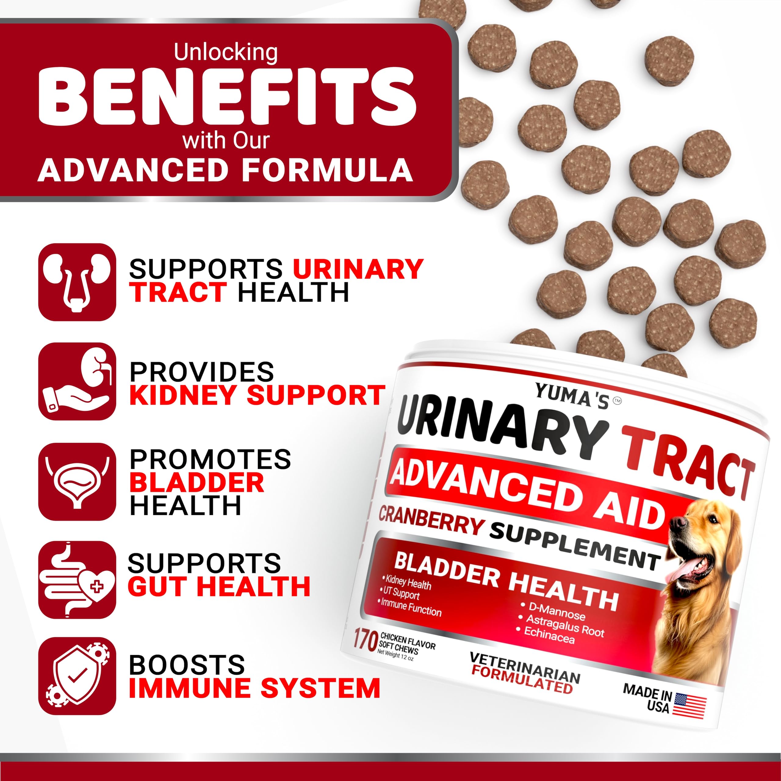 YUMA'S Dog UTI Chews close-up of cranberry treats for gut and bladder health.