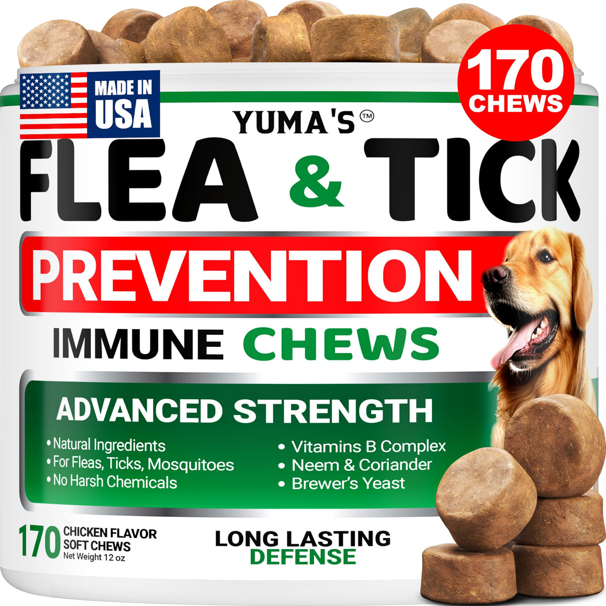 YUMA'S flea-tick chewables bottle showing easy daily prevention for dogs.