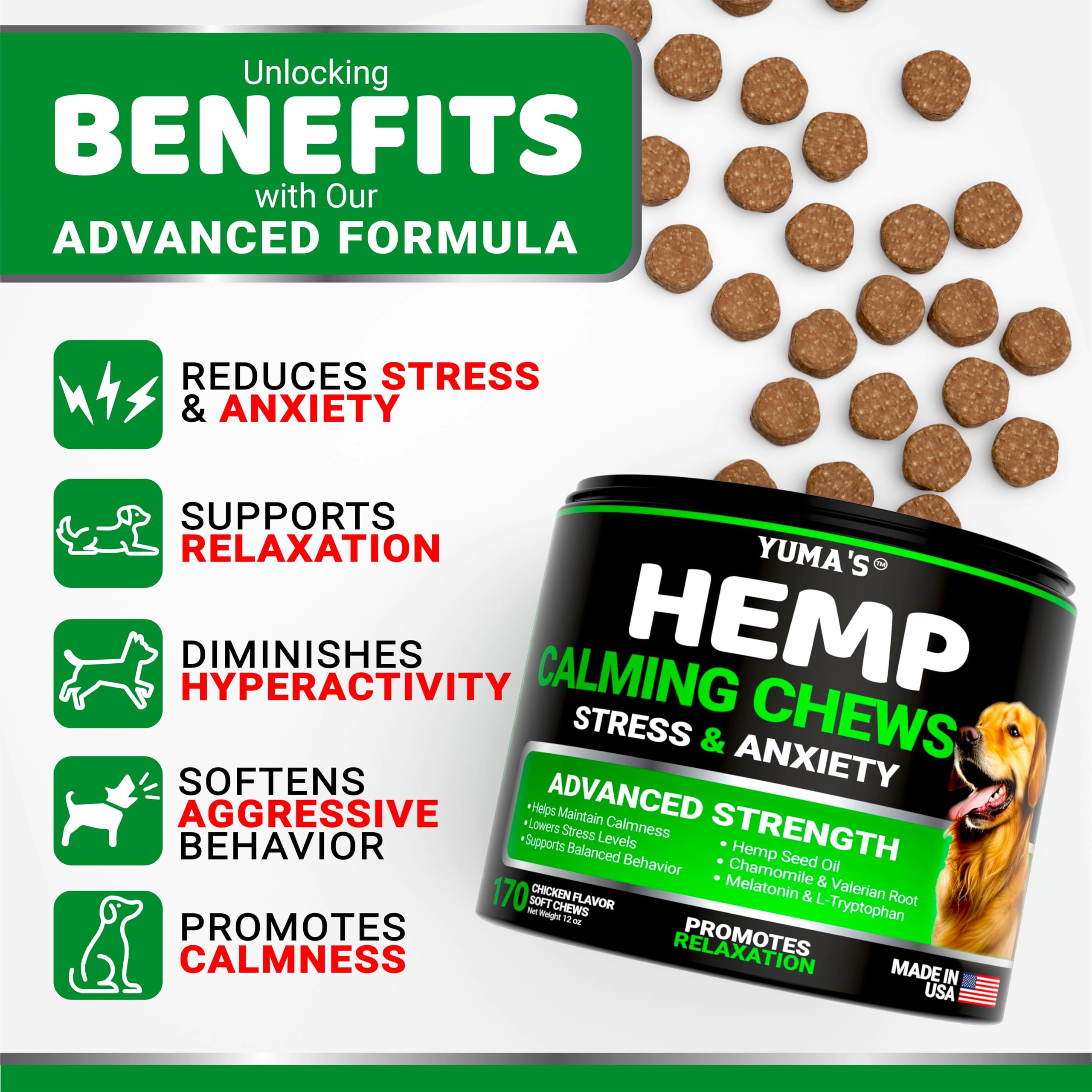 YUMA'S calming chews close-up highlights hemp oil and valerian root for soothing signals.