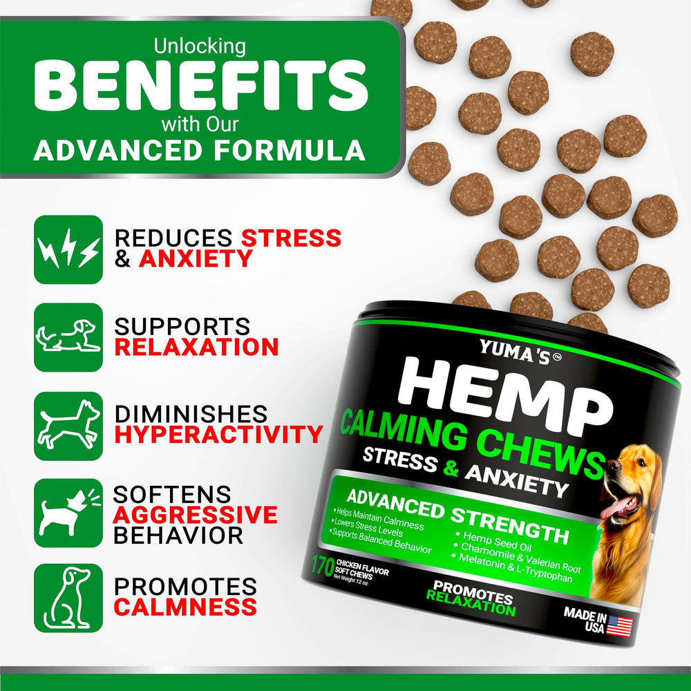 YUMA'S calming chews close-up highlights hemp oil and valerian root for soothing signals.