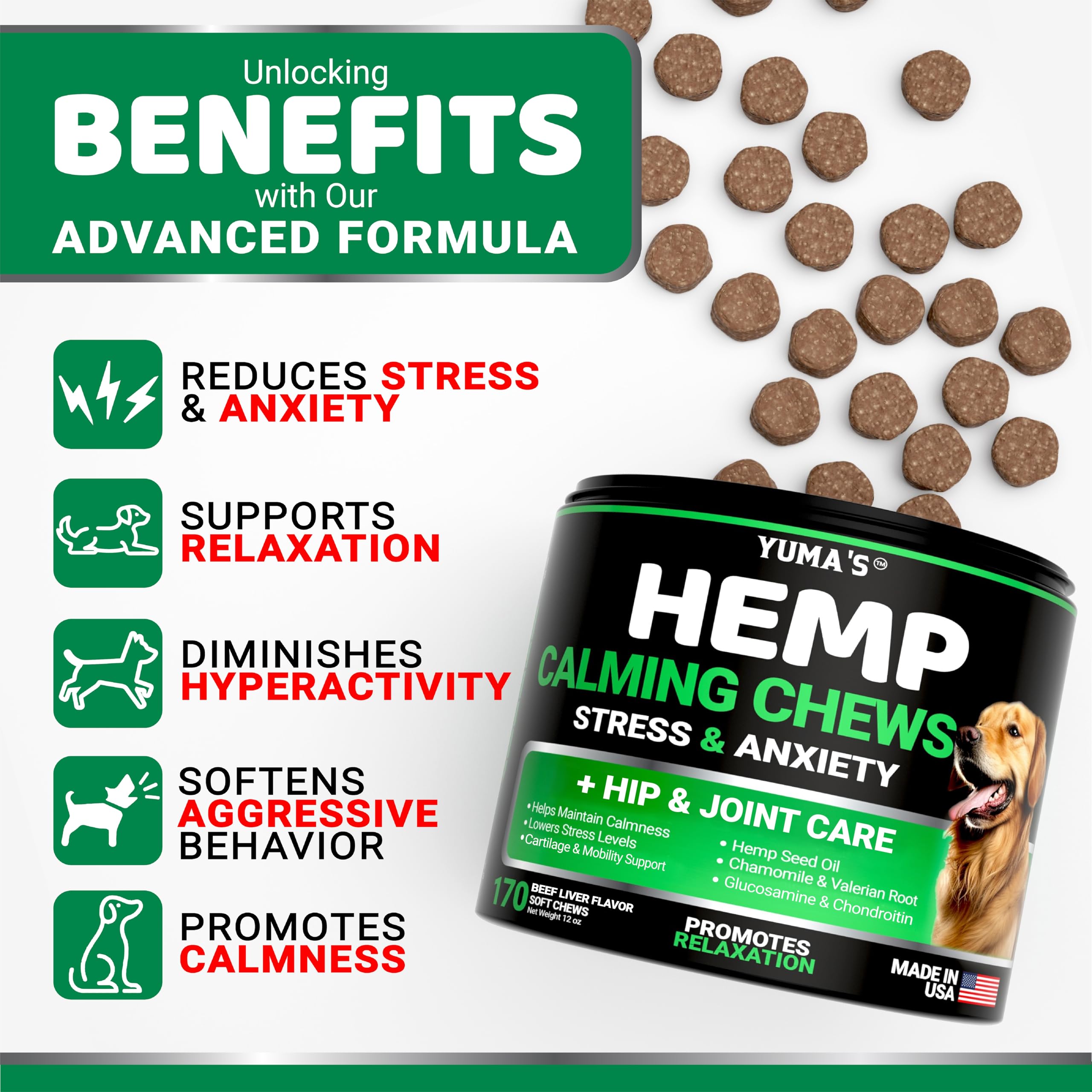YUMA'S hemp calming chews bottle label highlight natural ingredients.