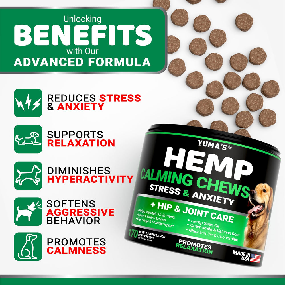 YUMA'S hemp calming chews bottle label highlight natural ingredients.