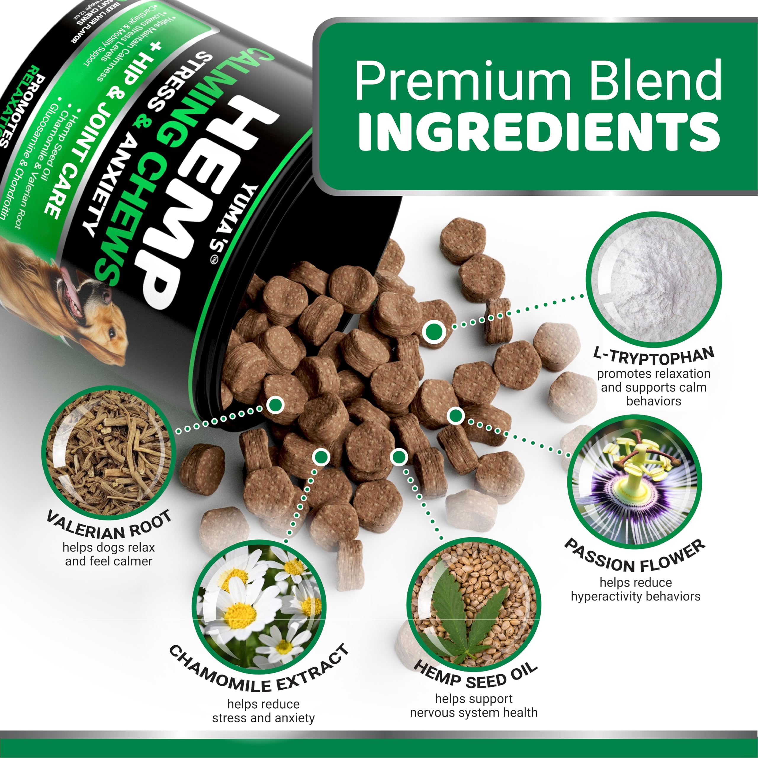 YUMA'S hemp calming chews closeup shows texture and ingredients.