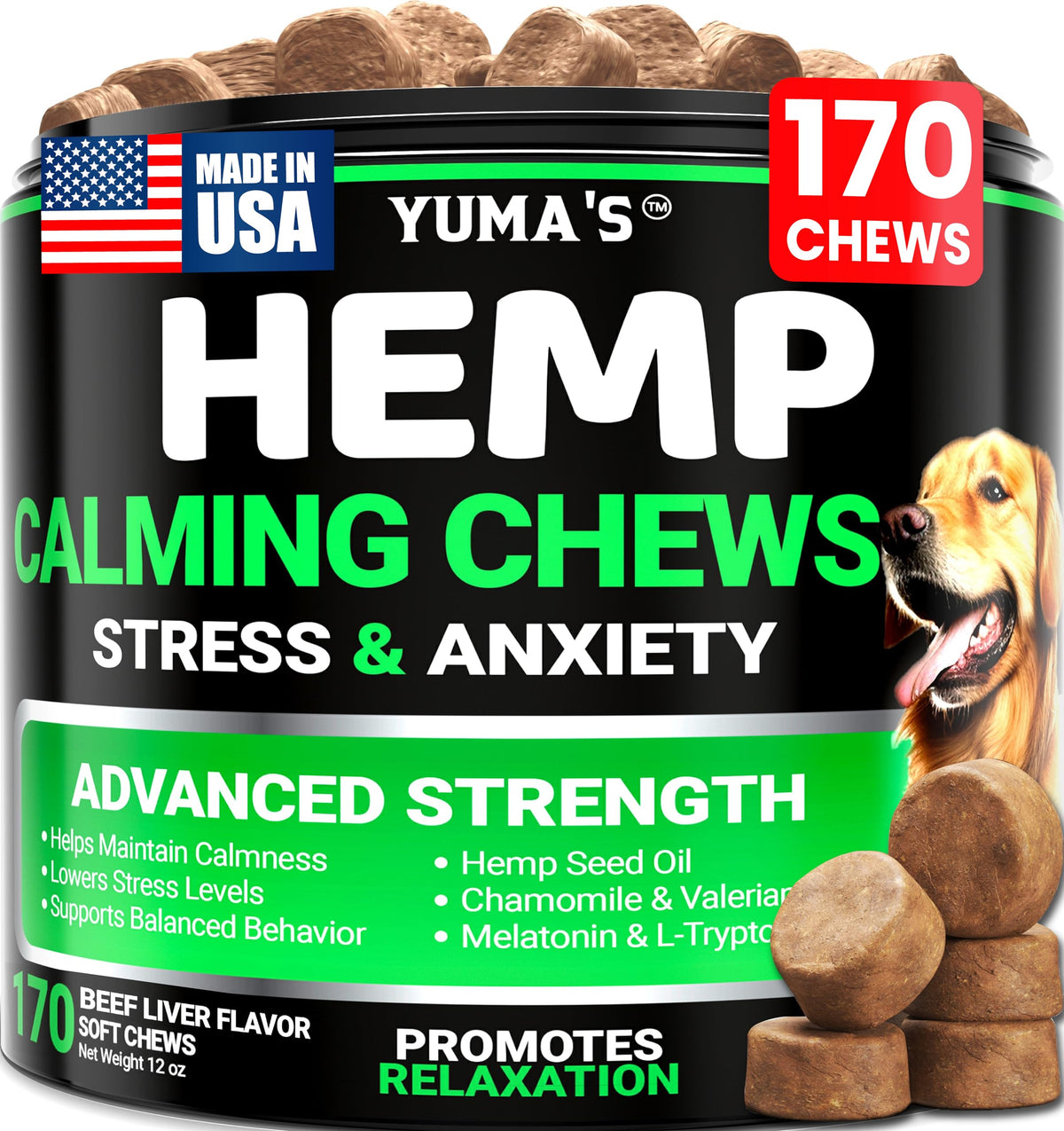 YUMA'S hemp calming chews dogs pack front offering calming support during stress.