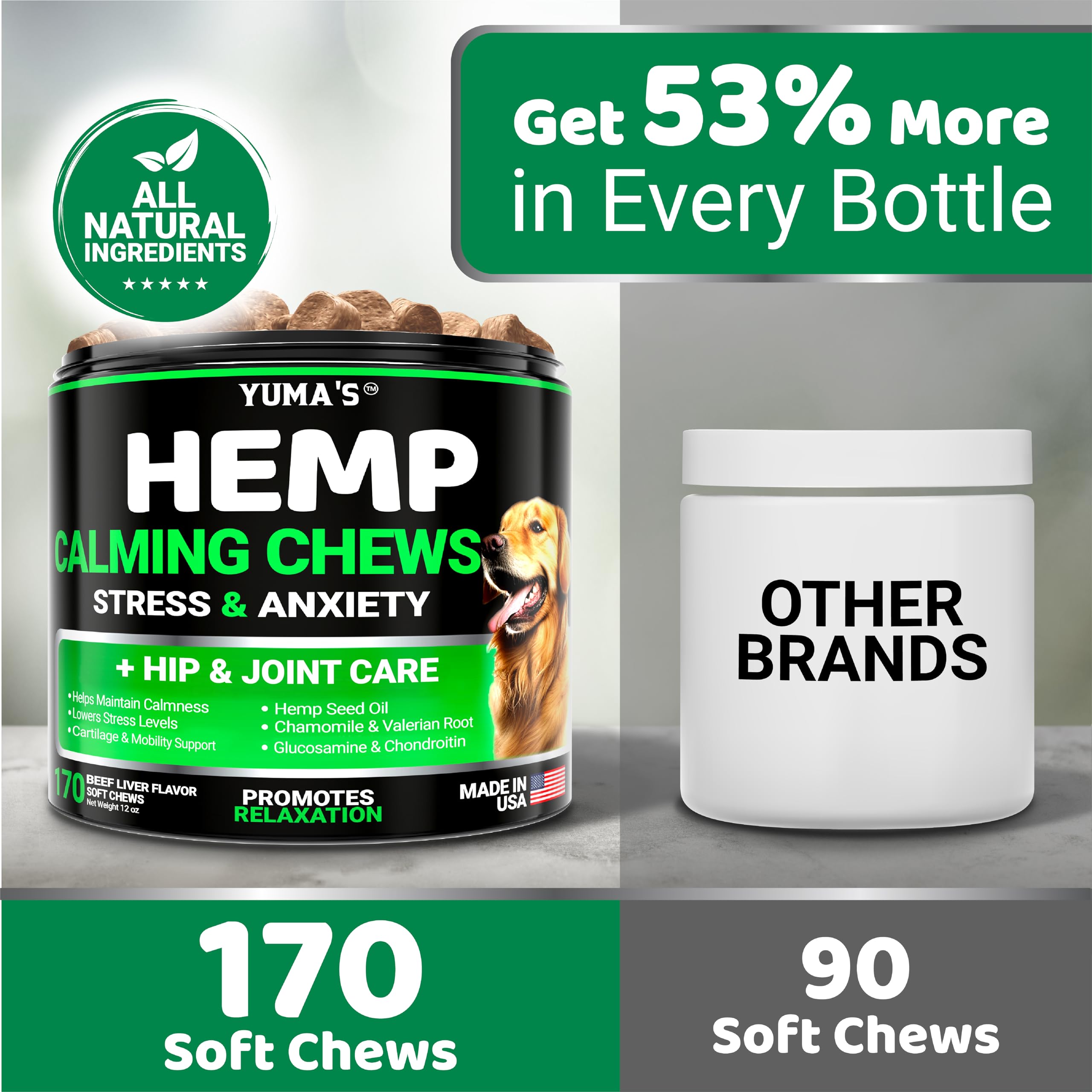 YUMA'S hemp calming chews suitable for puppies and adults.