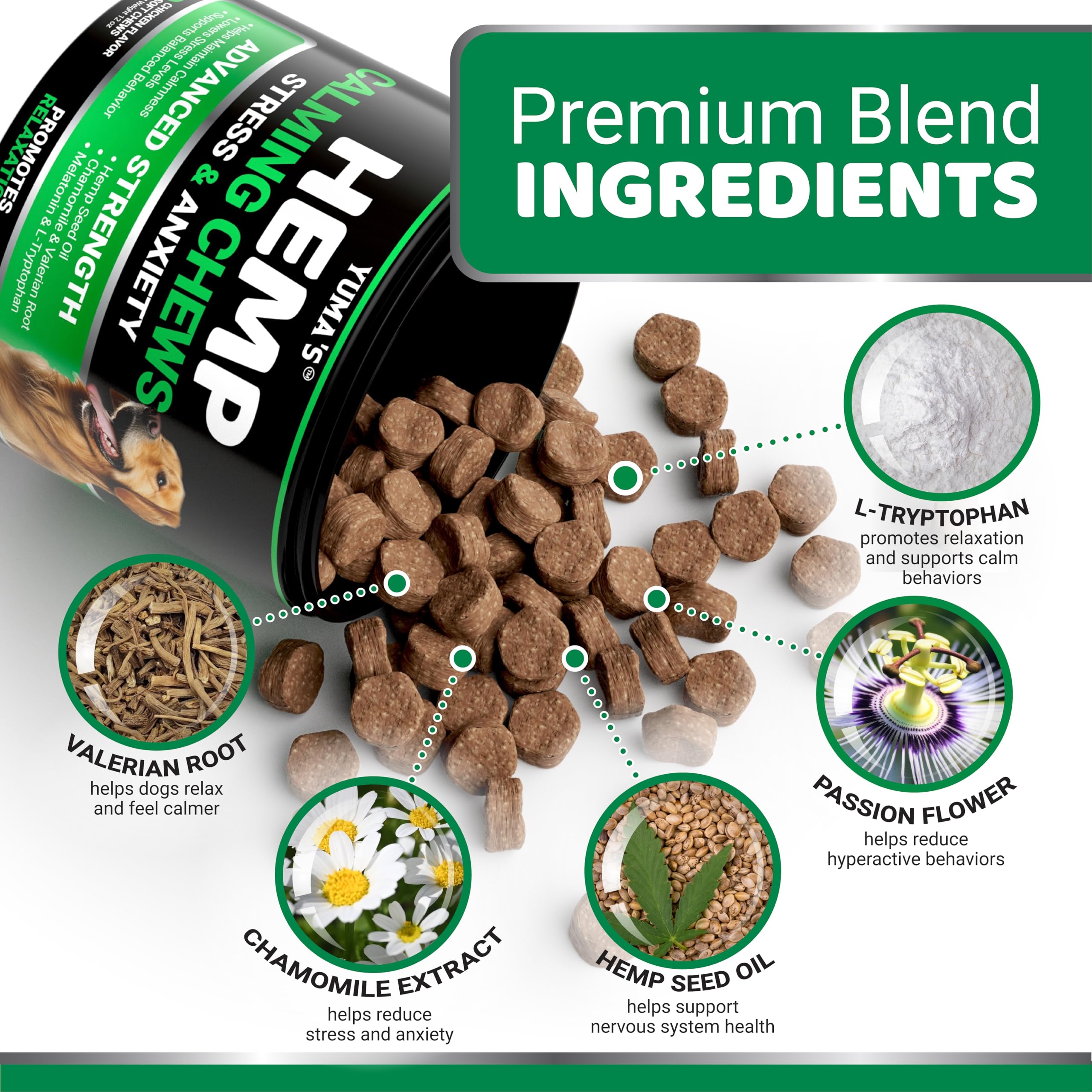 YUMA'S Hemp Calming Chews package front signals vet-formulated quality and USA manufacturing.