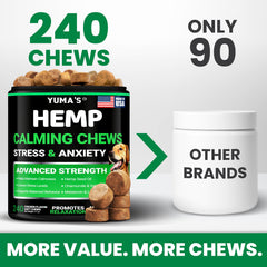 YUMA'S calming chews treat closeup highlights hemp, chamomile, and melatonin ingredients.