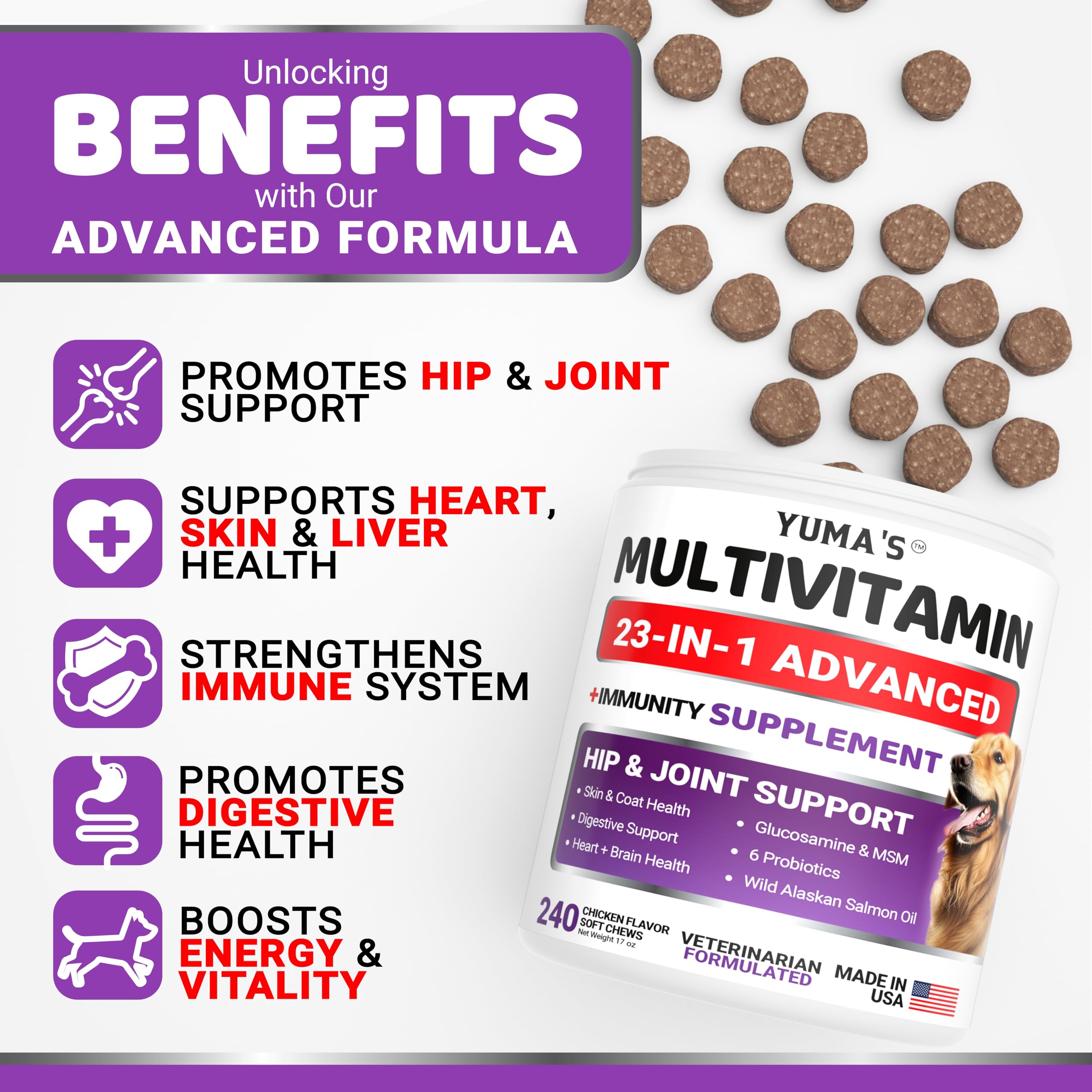YUMA'S probiotics digestive health chews closeup for gut balance.