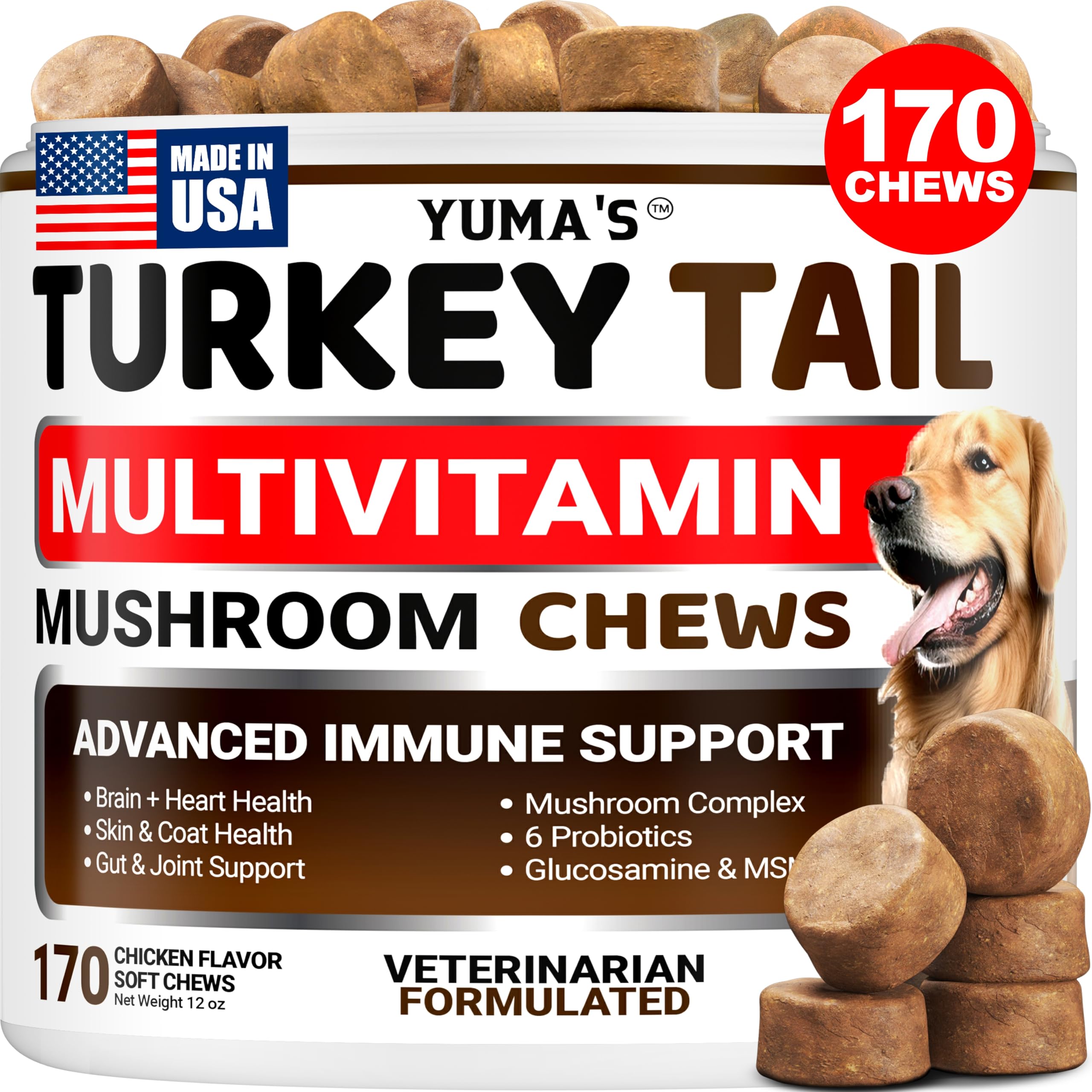 YUMA'S Turkey Tail for Dogs bottle pour showing immune and energy support
