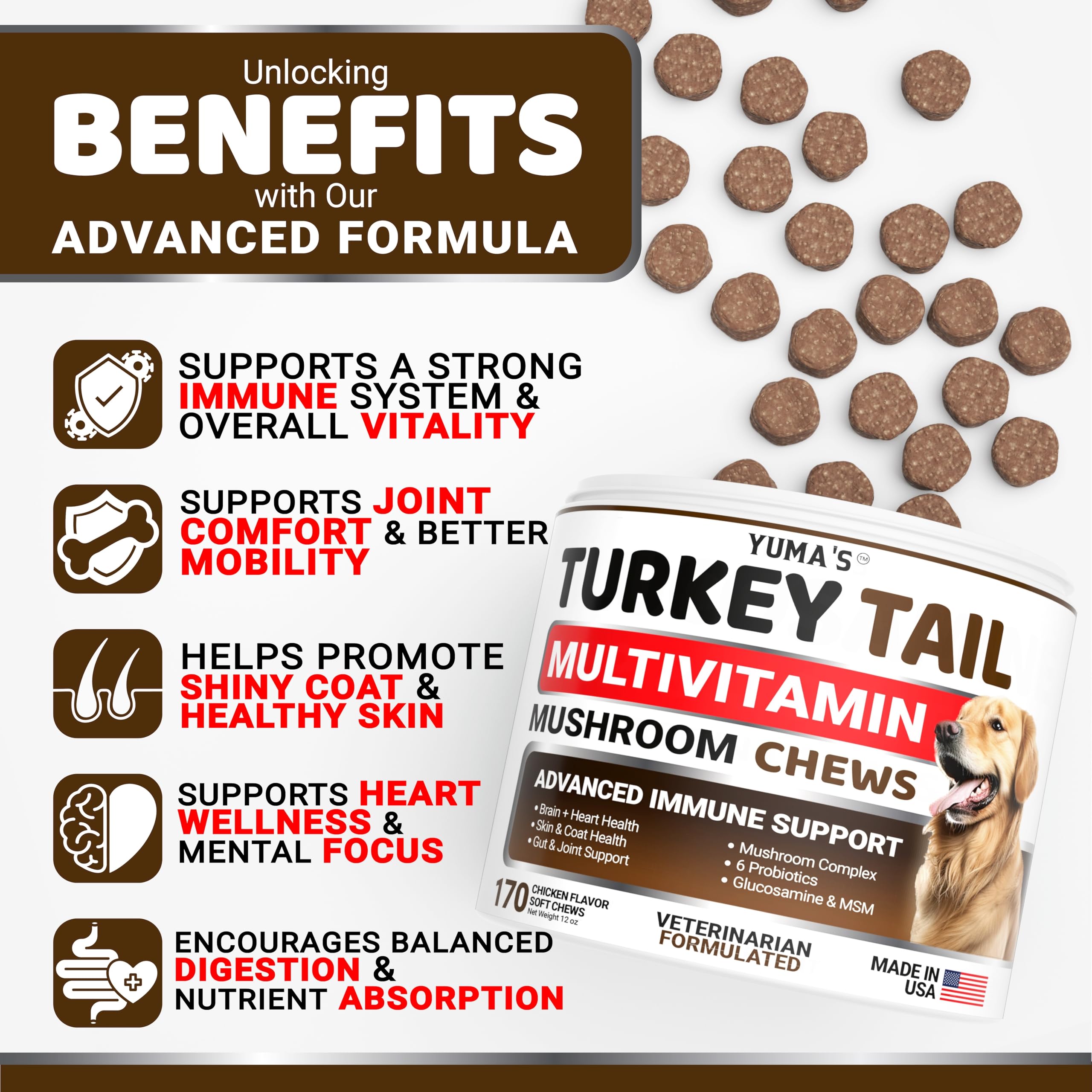 YUMA'S Turkey Tail for Dogs chews closeup highlighting joint and coat health
