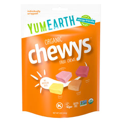 YumEarth Chewys front packaging shows colorful vegan fruit chews for on-the-go snacking.