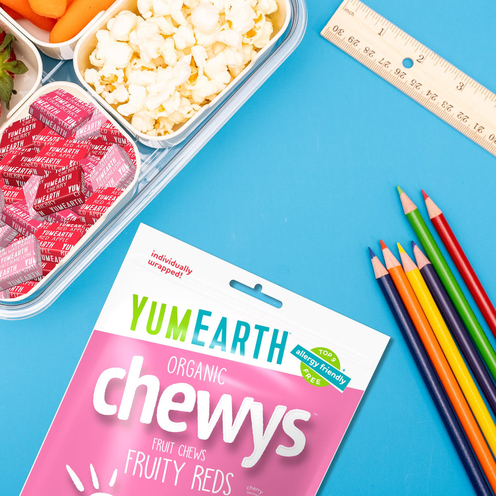 YumEarth Chewys Fruity Reds top allergen-free claim on label.