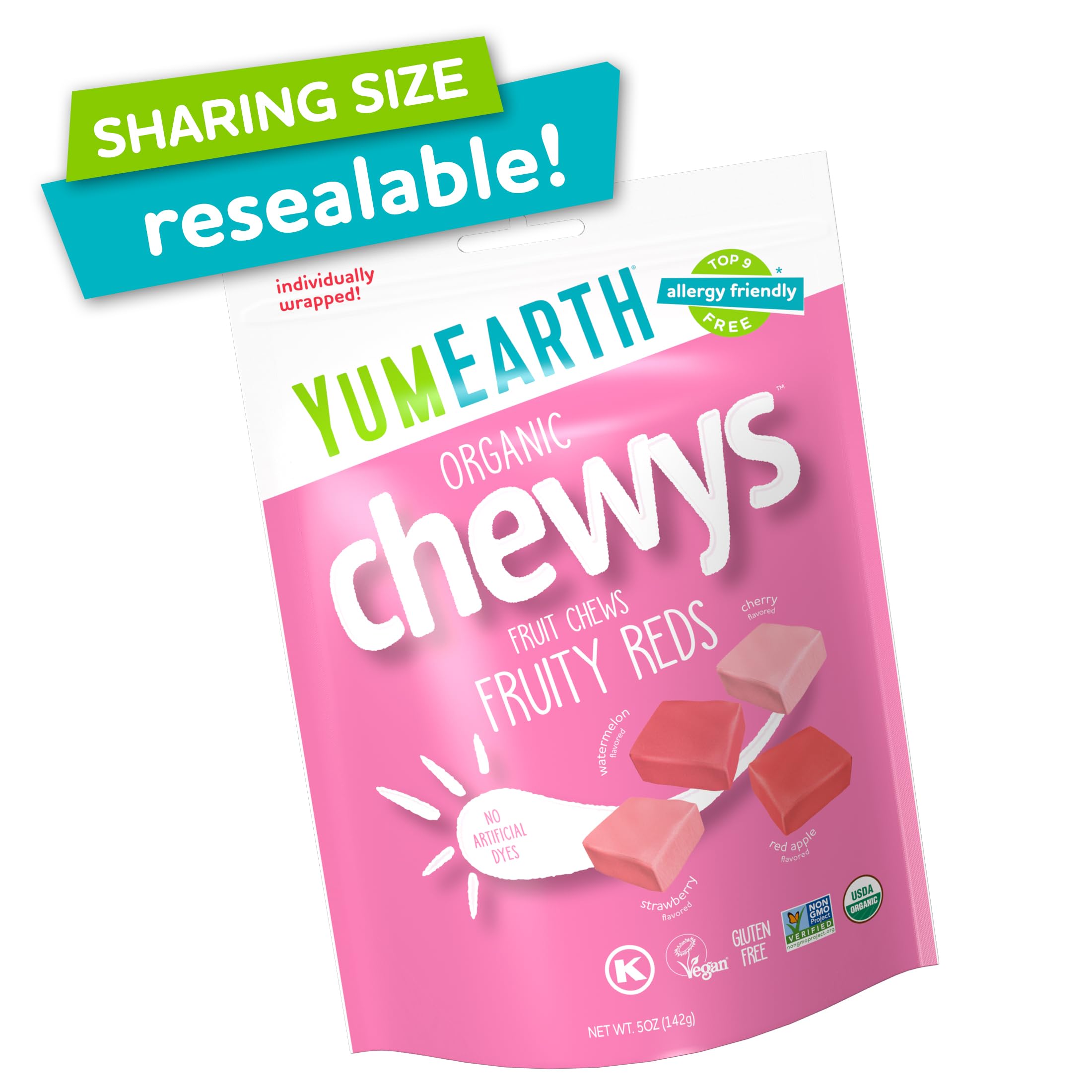 YumEarth Chewys Fruity Reds candies close-up highlighting bright red colors.