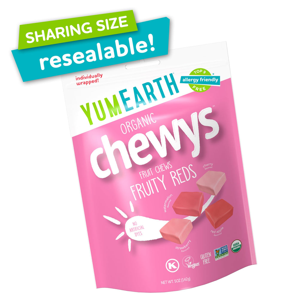 YumEarth Chewys Fruity Reds candies close-up highlighting bright red colors.
