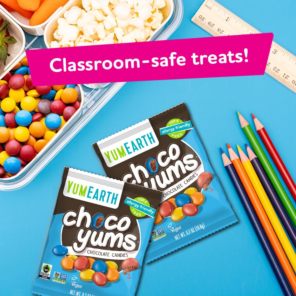 Vegan and gluten-free YumEarth Choco Yums for inclusive snacking.