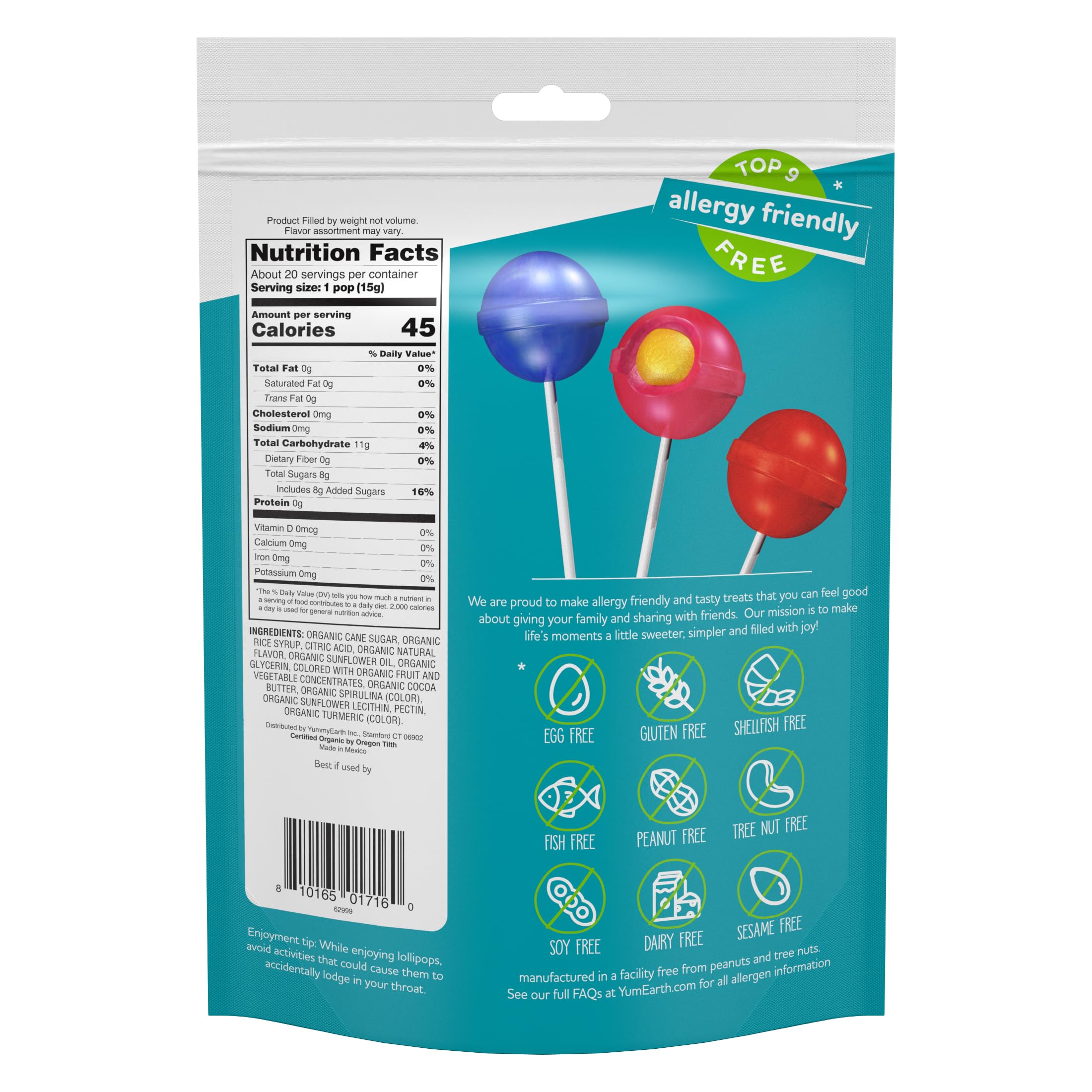 YumEarth Duo Pops fruit chew center, chewy contrast to shell for school snacks.