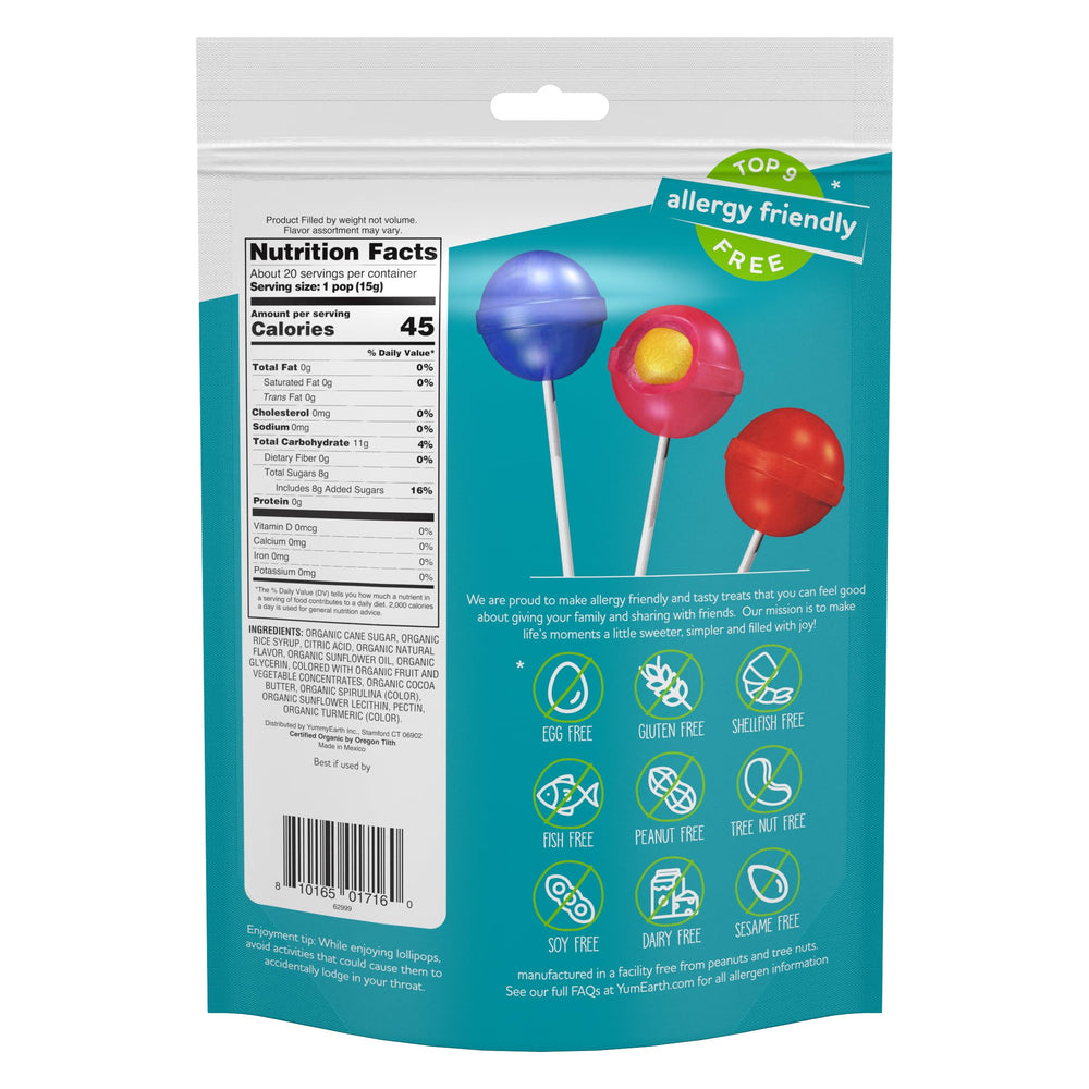 YumEarth Duo Pops fruit chew center, chewy contrast to shell for school snacks.