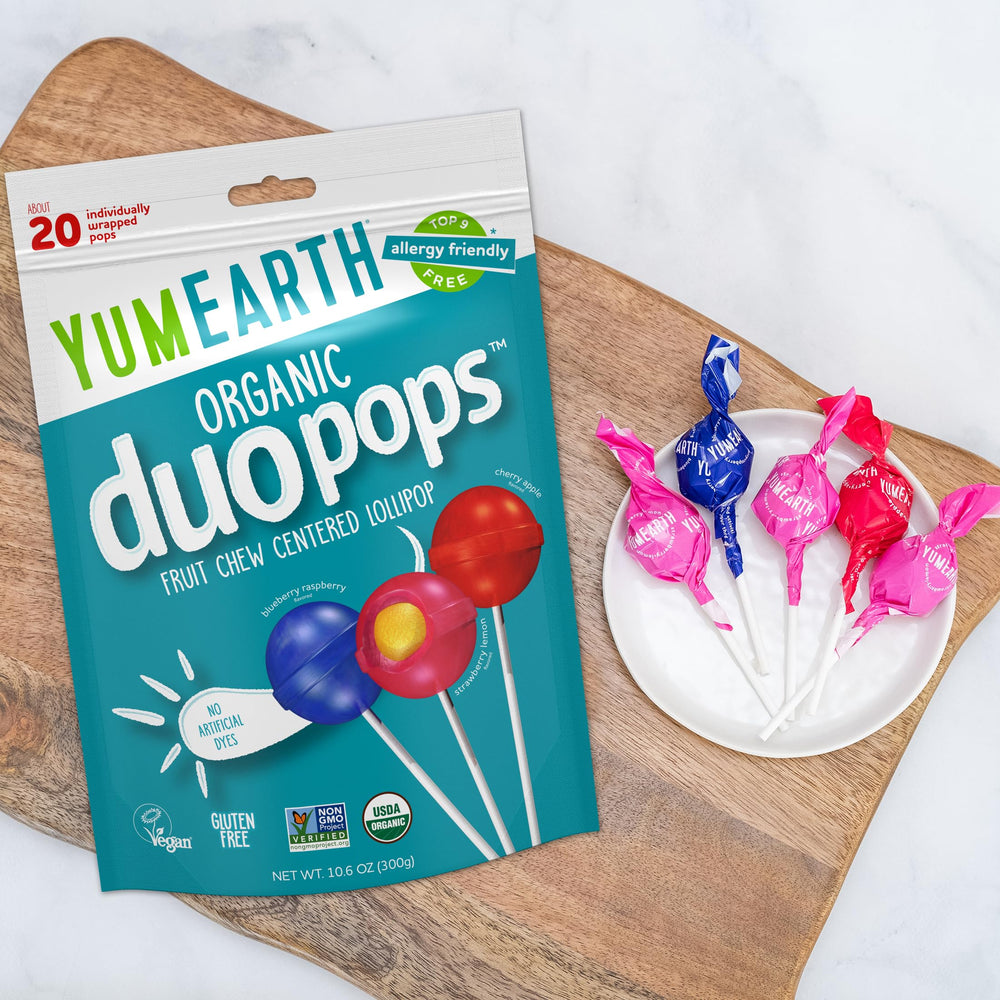 YumEarth Duo Pops on-the-go snack, travel-friendly and allergy-friendly.