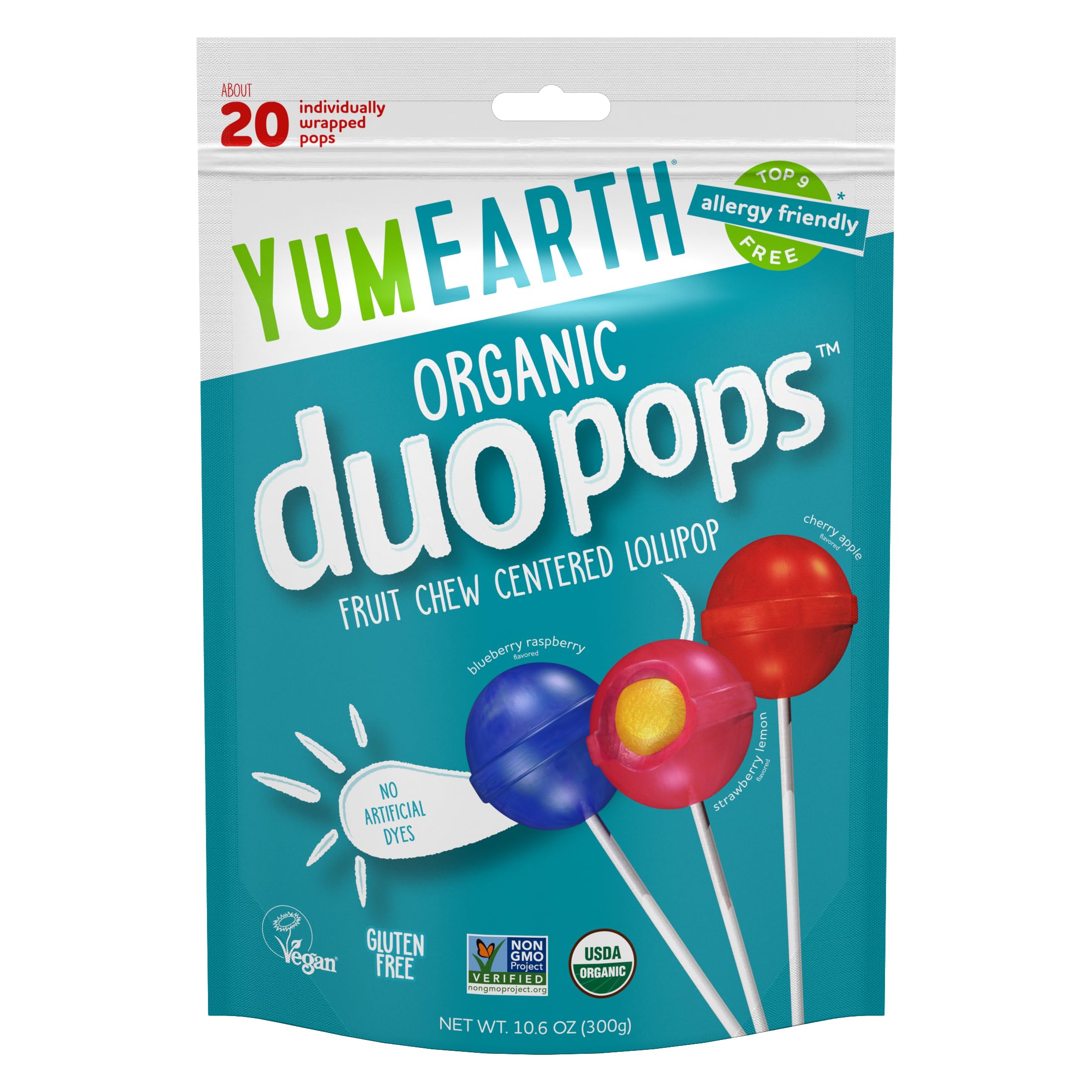 YumEarth Duo Pops shell closeup with vibrant coating, gluten-free and vegan friendly.