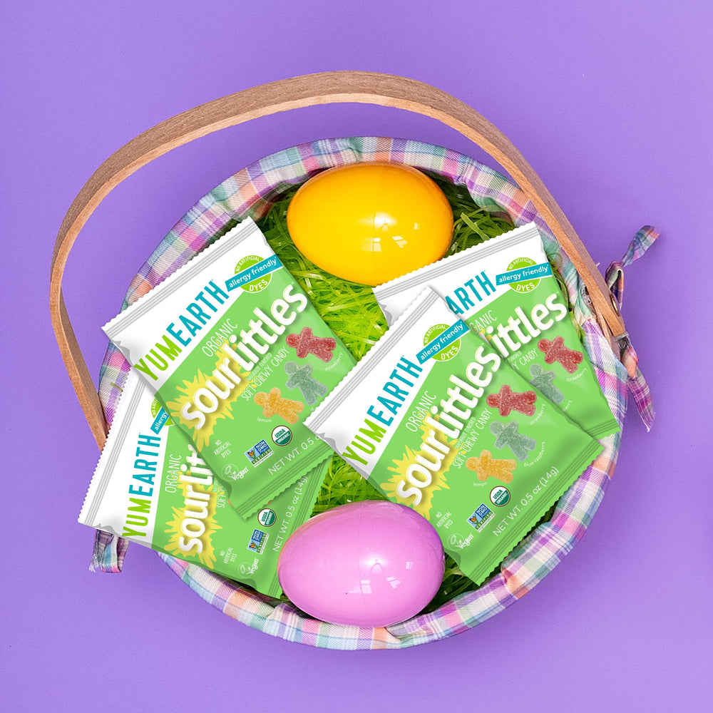 YumEarth Easter Sour Littles label close-up, vegan and non-GMO certification visible.