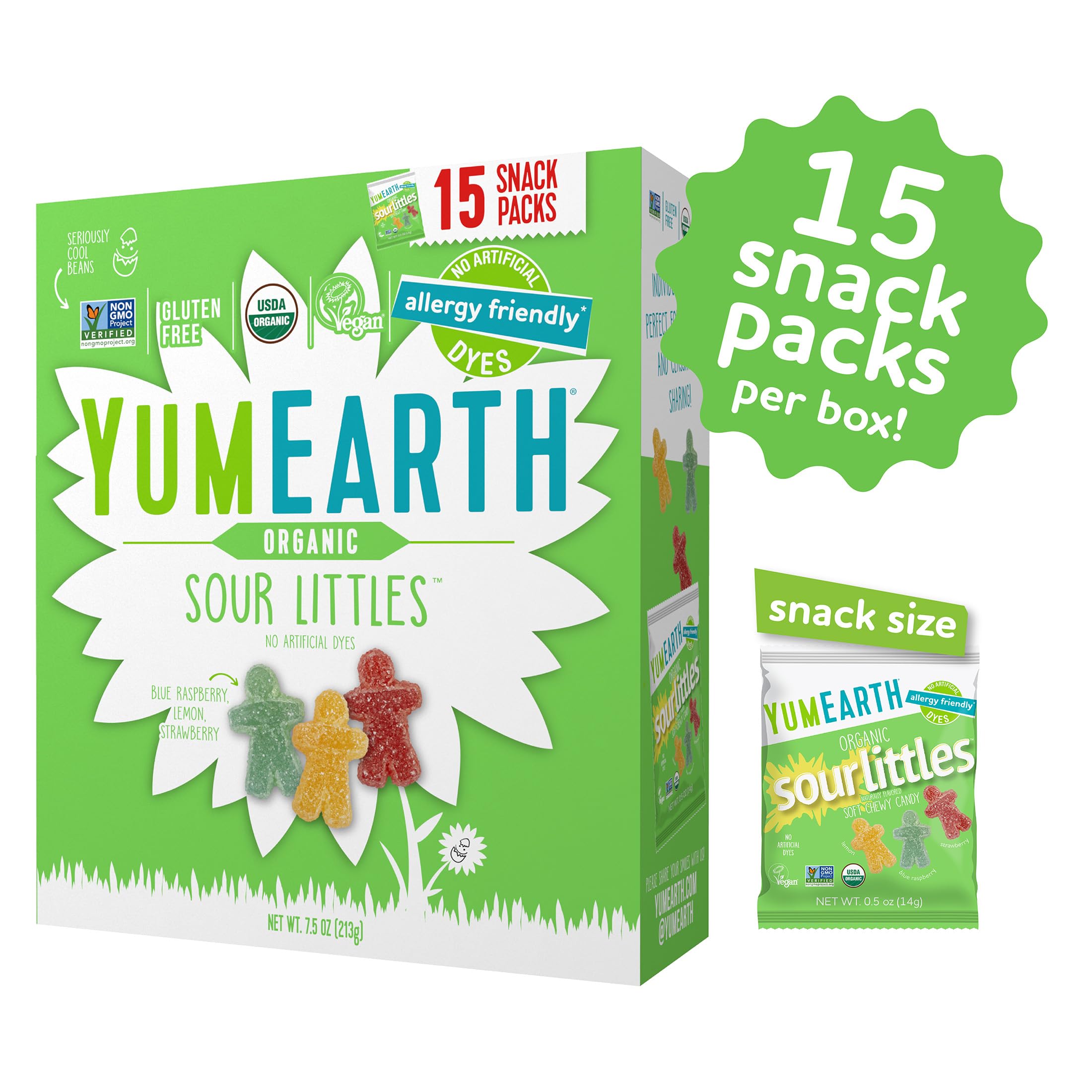 YumEarth Easter Sour Littles packaging sleeve with colorful, allergen-friendly messaging.