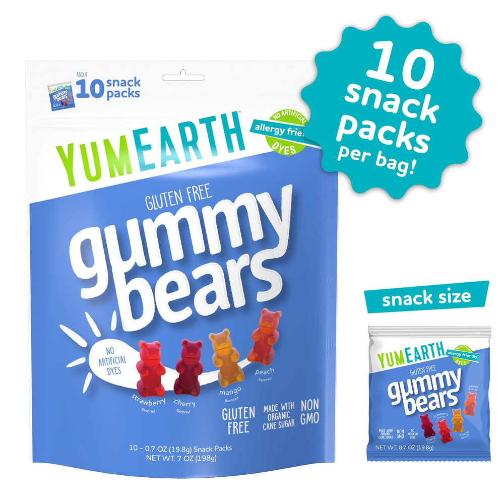 YumEarth gummy bears closeup with bright colors from real fruit juices.