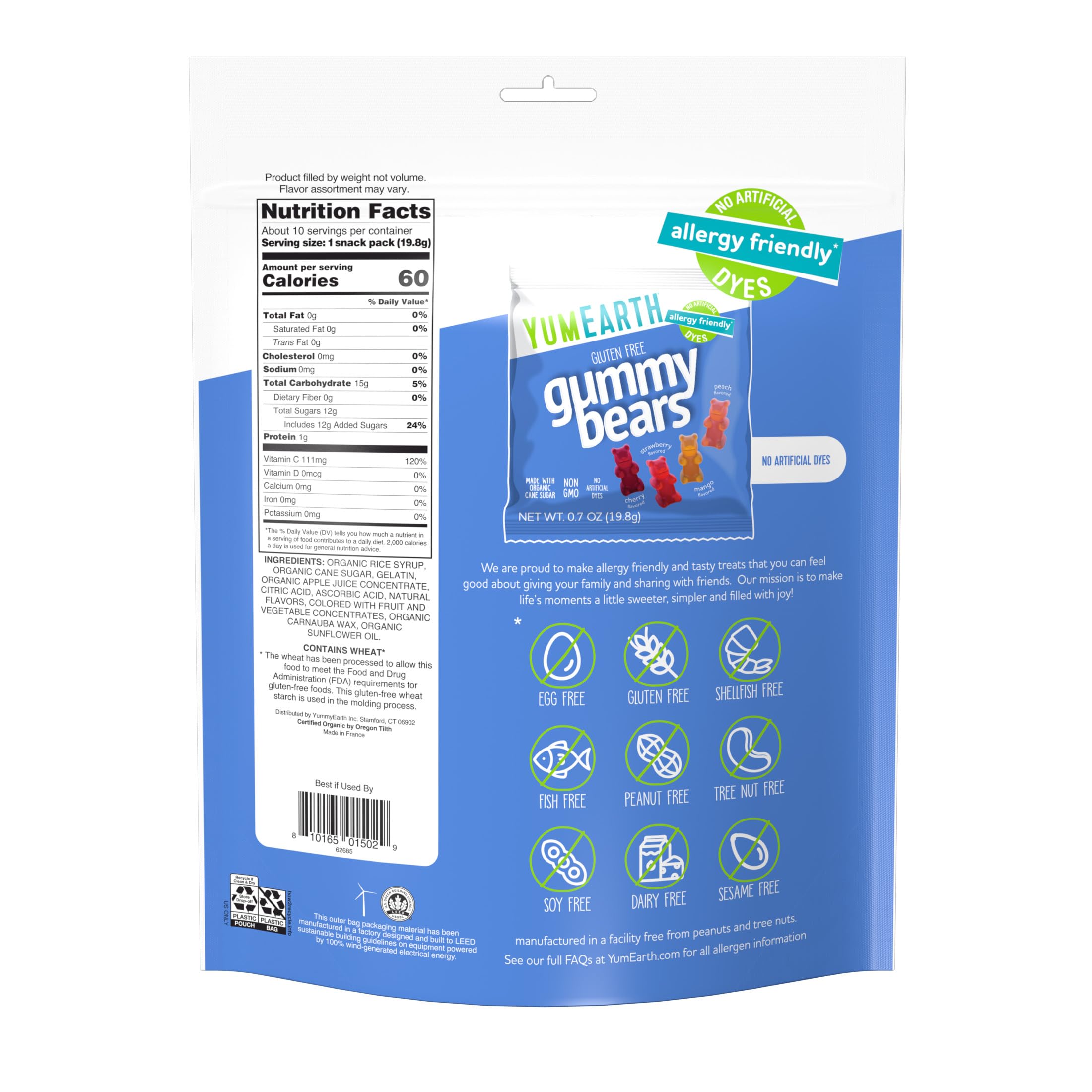 YumEarth gummy bears pack back showing allergen-free labeling for family-friendly snacking.