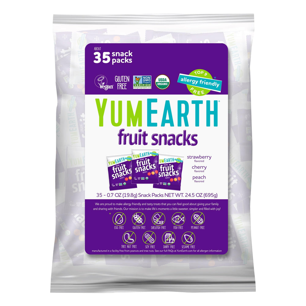 YumEarth fruit snacks 35-pack display, ideal for lunchboxes and on-the-go snacking.