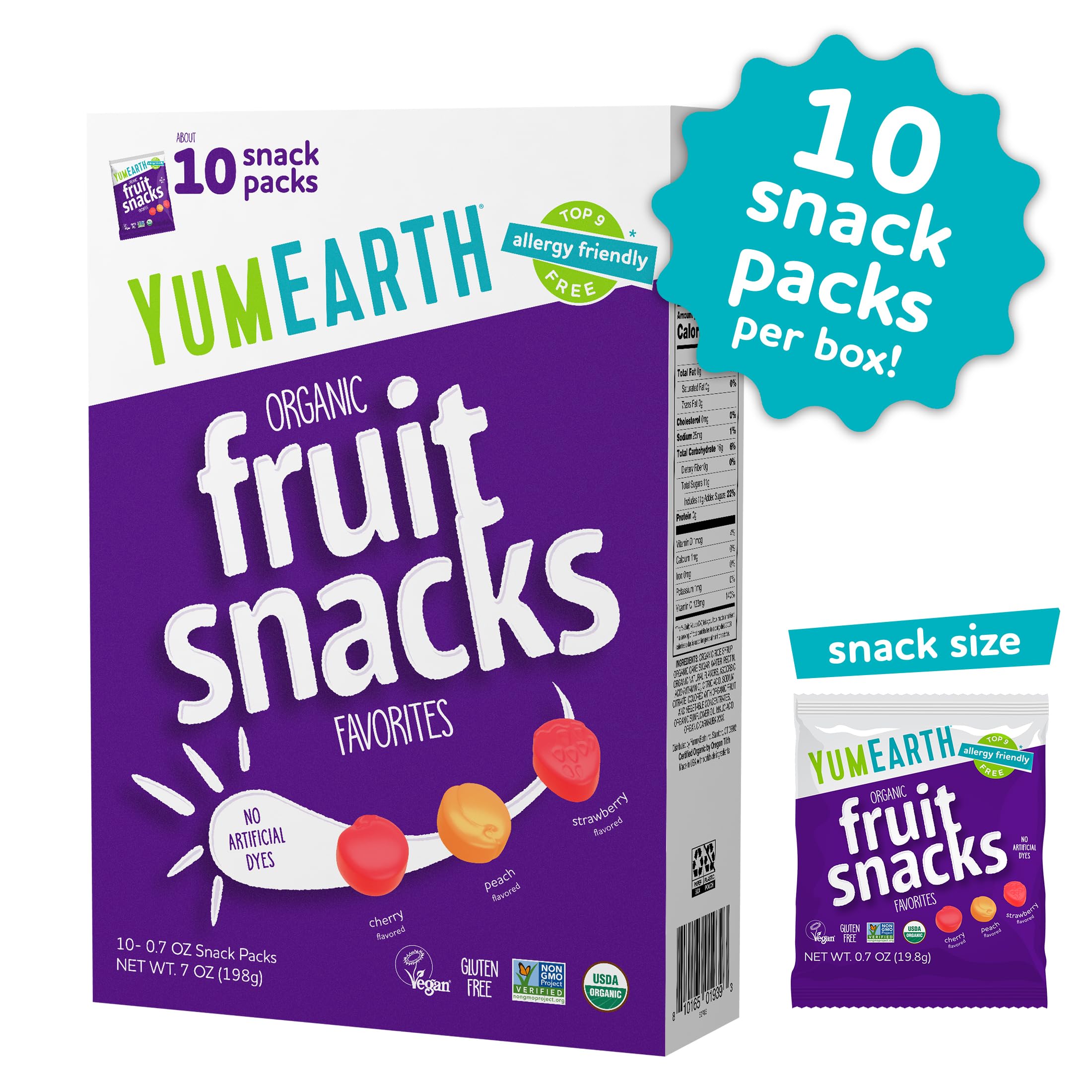 YumEarth organic fruit snacks packaging with real fruit juice coloring.
