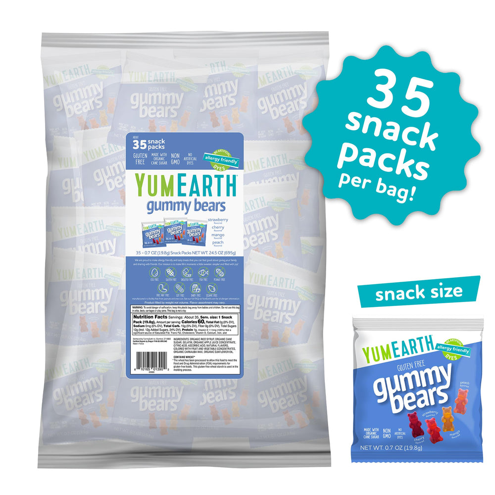 YumEarth Gummy Bears assorted flavors closeup highlights fruity variety for lunchboxes