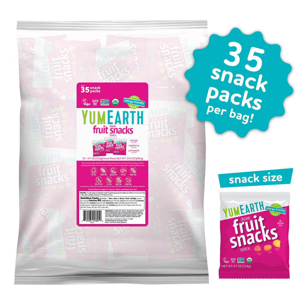 YumEarth Organic Fruit Snacks pineapple-raspberry-mango image highlights trio flavors for lunchboxes.