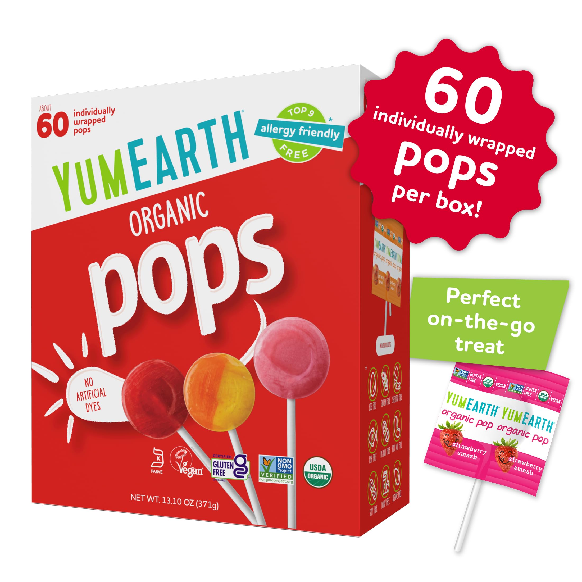 YumEarth Pomegranate pops pack, no artificial dyes, ideal for allergy-friendly snacking.