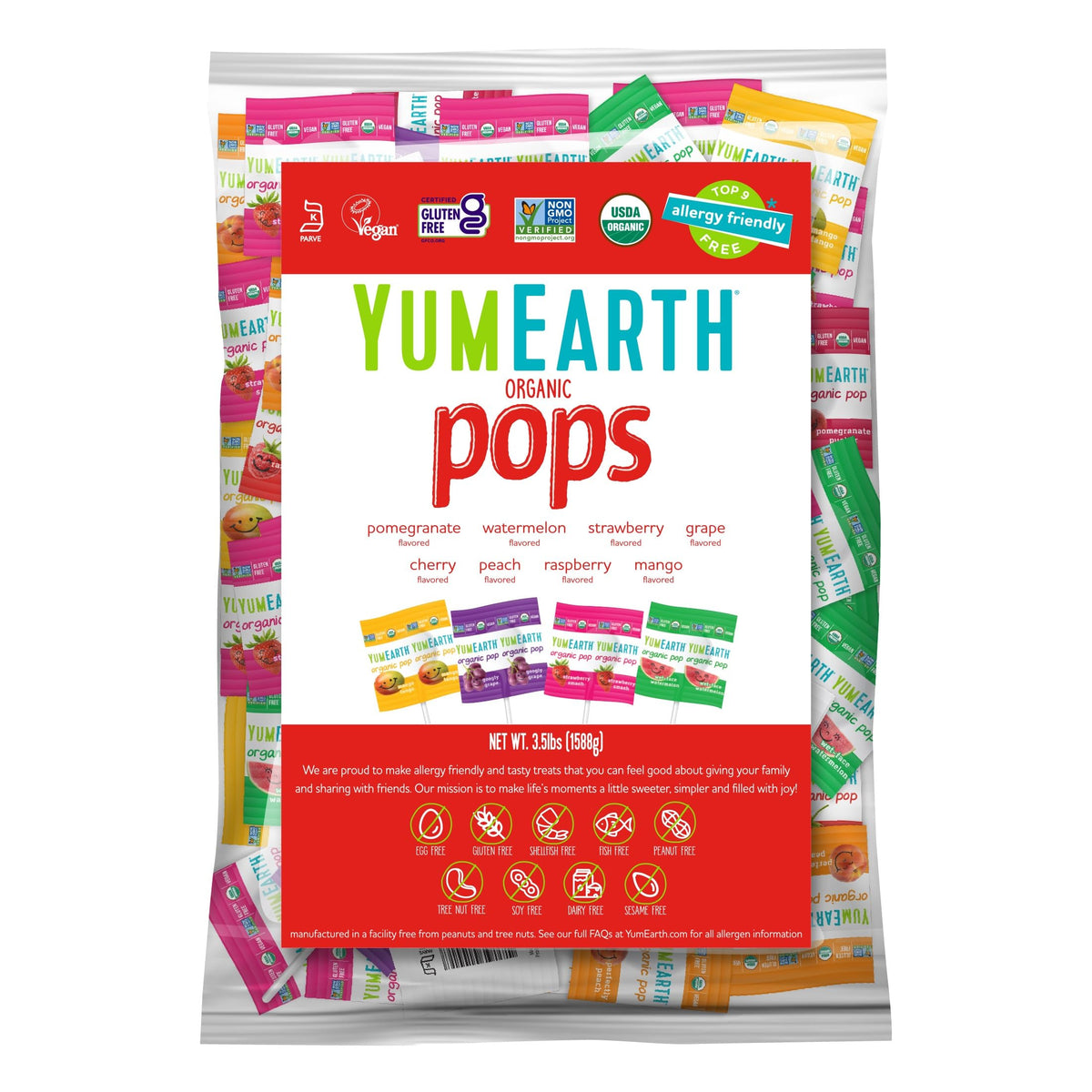 YumEarth Organic Pops Variety Pack bag showing eight fruit flavors for sharing