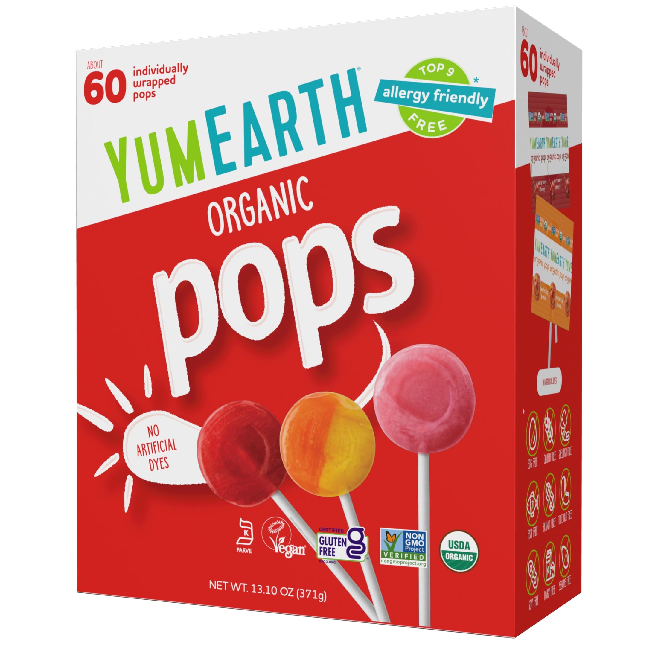 YumEarth Organic Pops variety box with 60 pops, ideal for lunchboxes and parties.