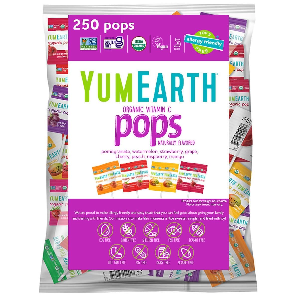 YumEarth Vitamin C Pops Variety Bag: colorful individually wrapped snacks for lunchboxes.
