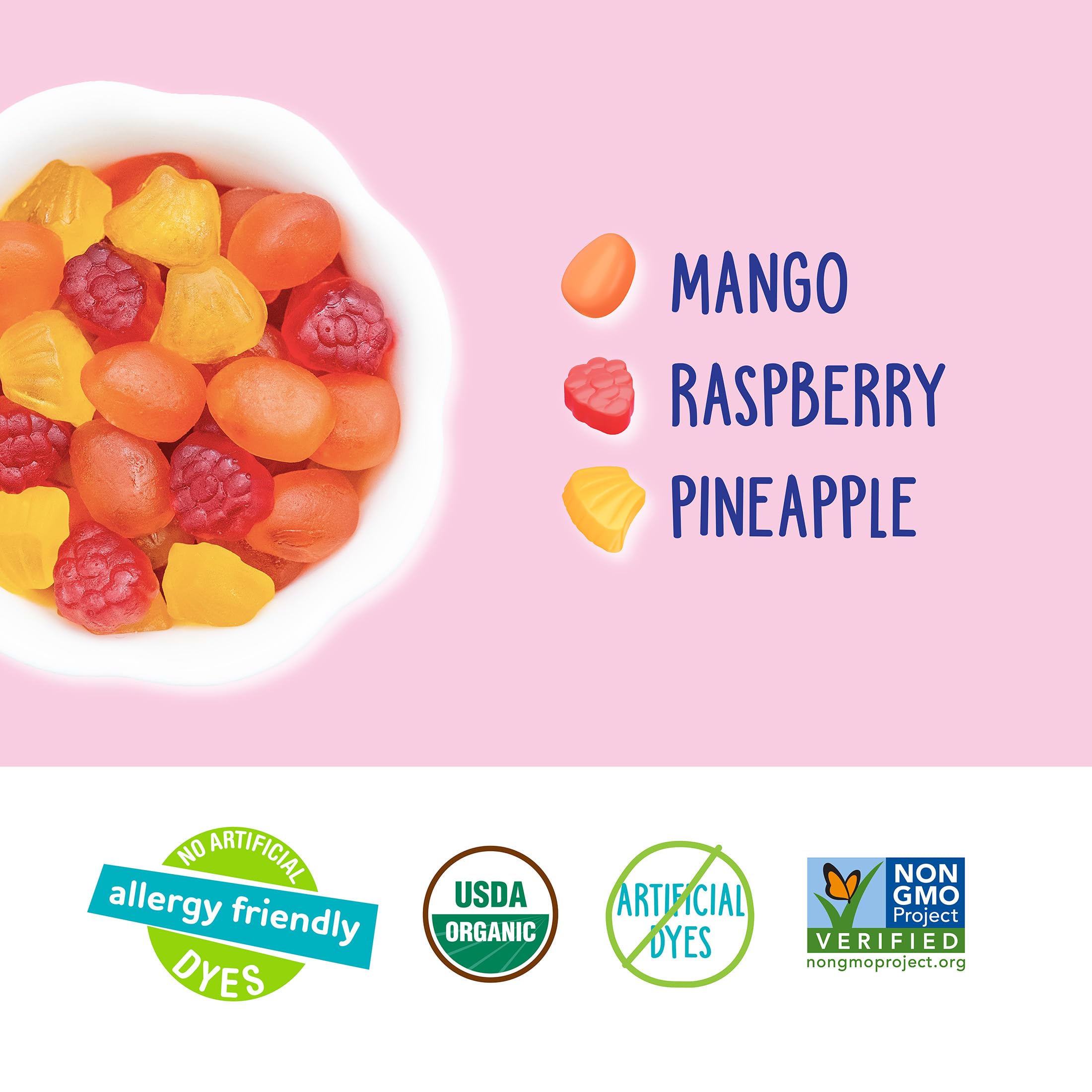 YumEarth snacks no-artificial-dyes image emphasizes natural color from real fruit and vegetables.