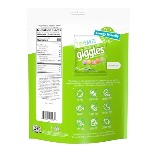 YumEarth Sour Giggles assorted flavors display, perfect for sharing at parties and lunchboxes.