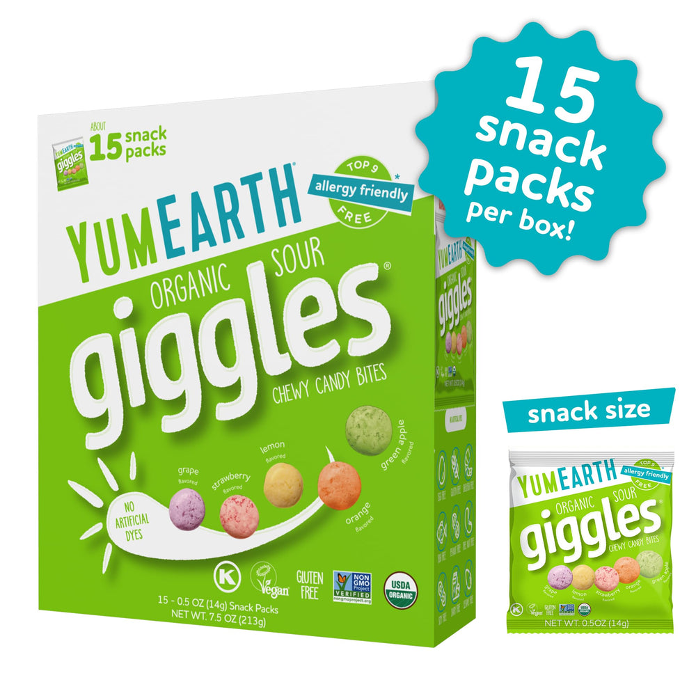 YumEarth Sour Giggles assorted flavors display with lemon, strawberry, orange, grape, green apple.