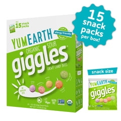 YumEarth Sour Giggles assorted flavors display with lemon, strawberry, orange, grape, green apple.