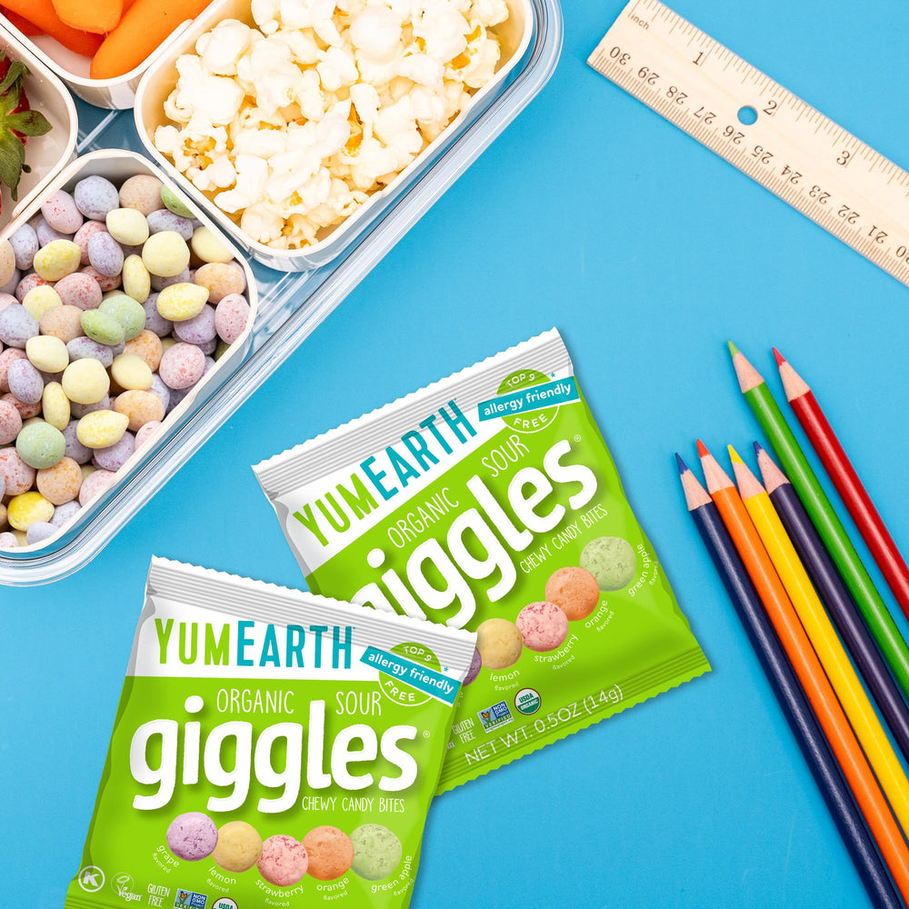 YumEarth Sour Giggles grape candy, bold bite in a kid-friendly, vegan treat.