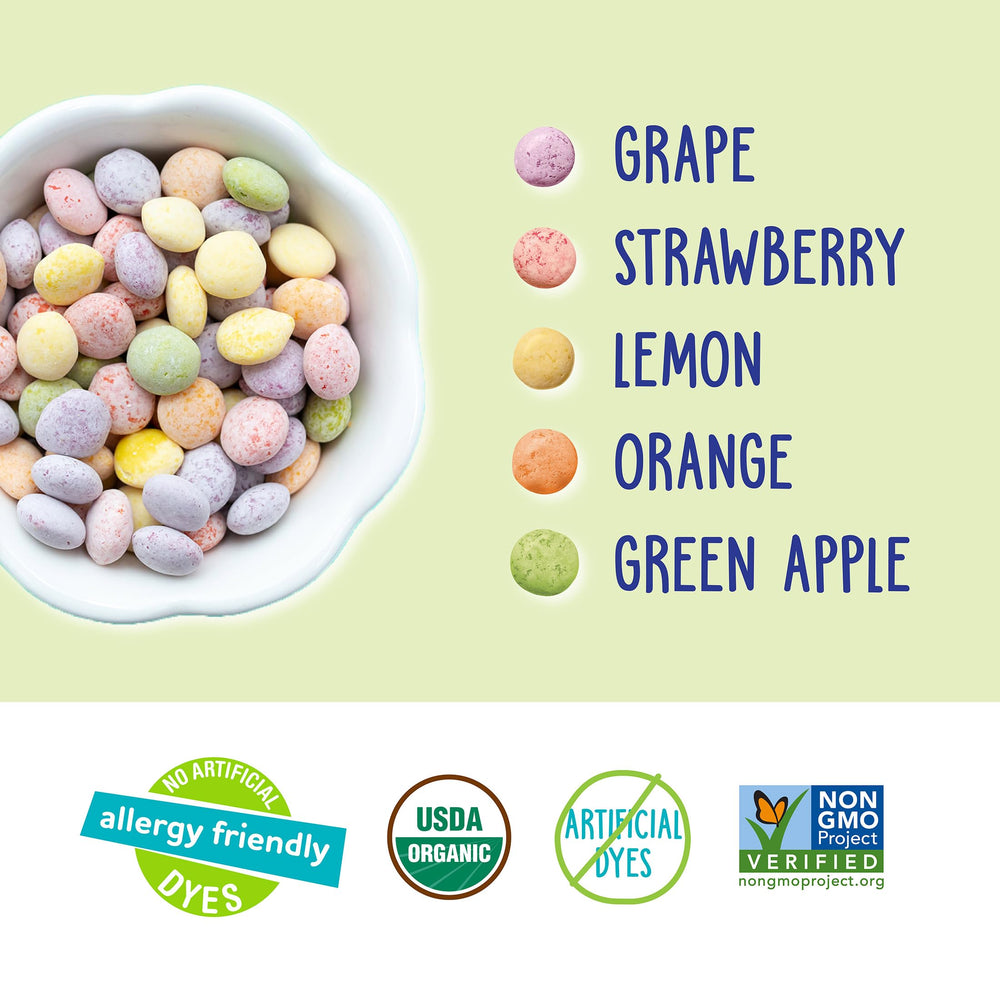 YumEarth Sour Giggles strawberry candy, fruity chew with allergy-friendly ingredients.