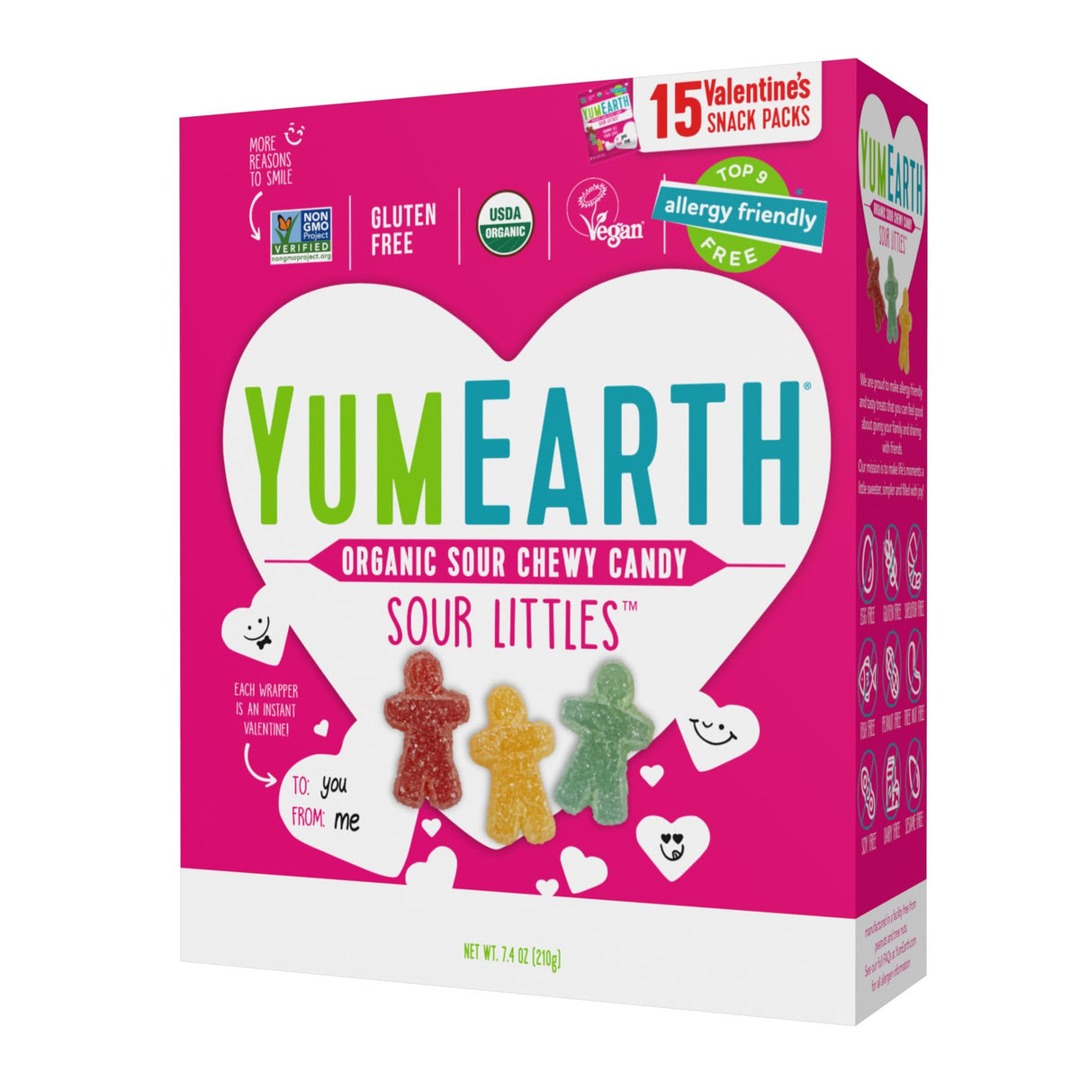 YumEarth Sour Littles packaging displaying allergen-free labeling for easy lunchbox snacks.