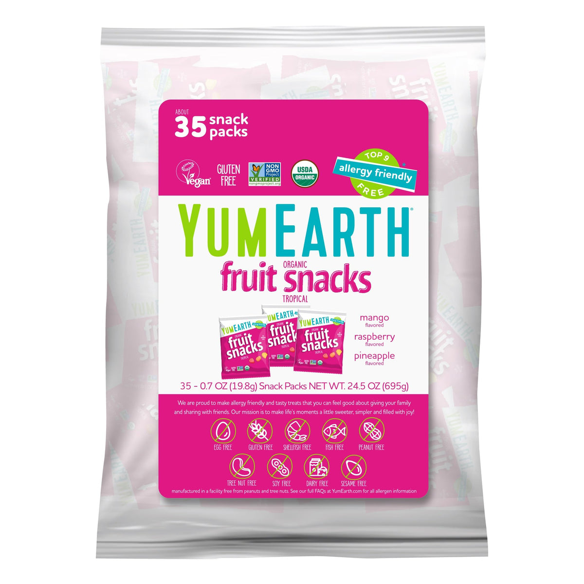 YumEarth Tropical Fruit Snacks 35-pack cover shows convenient, kid-friendly portions.